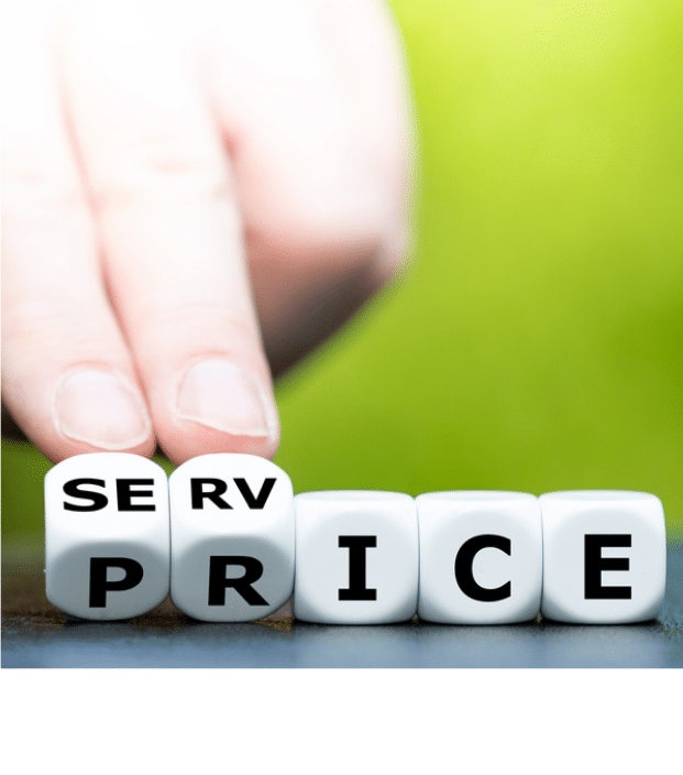 A set of dice displaying the word service and price. 